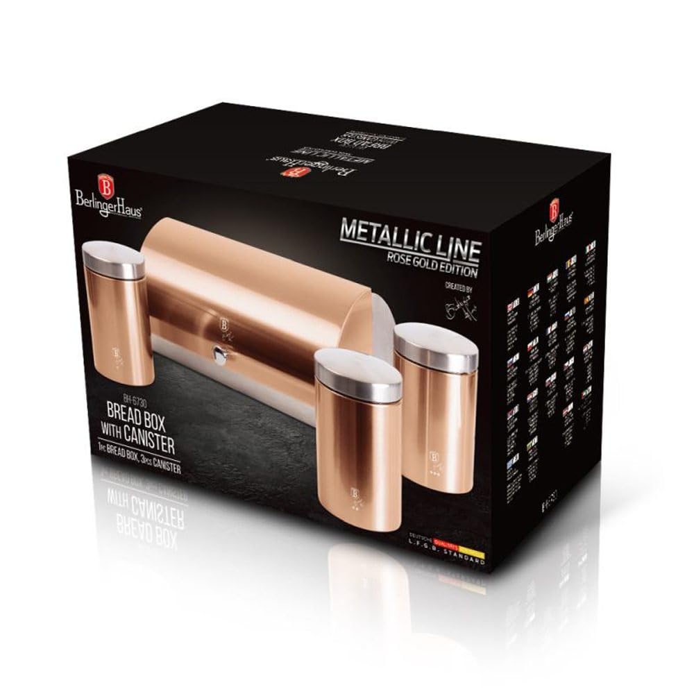 Berlinger Haus Brotkasten Edelstahl mit 3-teiligem Aufbewahrungsbox-Set, Roségold Metallic Linie - Brotbox und Vorratsbehälter für Küche und Haushalt