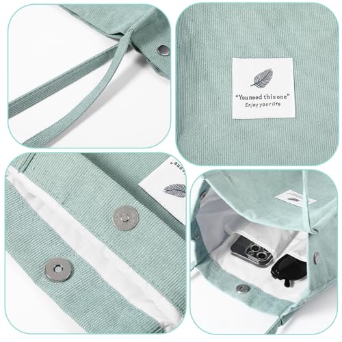 Corduroy Tote Bag Cute Tote Bags for Women Soft Cotton Large Capacity Bags Reusable Grocery Shoulder Bag with Inner Pockets Green Canvas Cord Purse for Work Beach Travel Shopping Grocery3