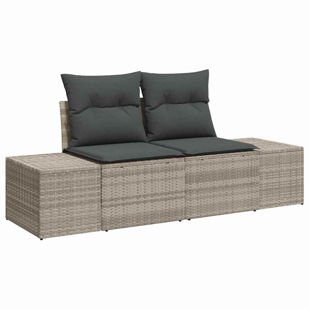 Juego de muebles de jardín en forma de L con espacio de almacenamiento, juego de sofá de jardín con mesa de café de cristal y cojines desmontables de polirratán gris claro (4 unidades)
