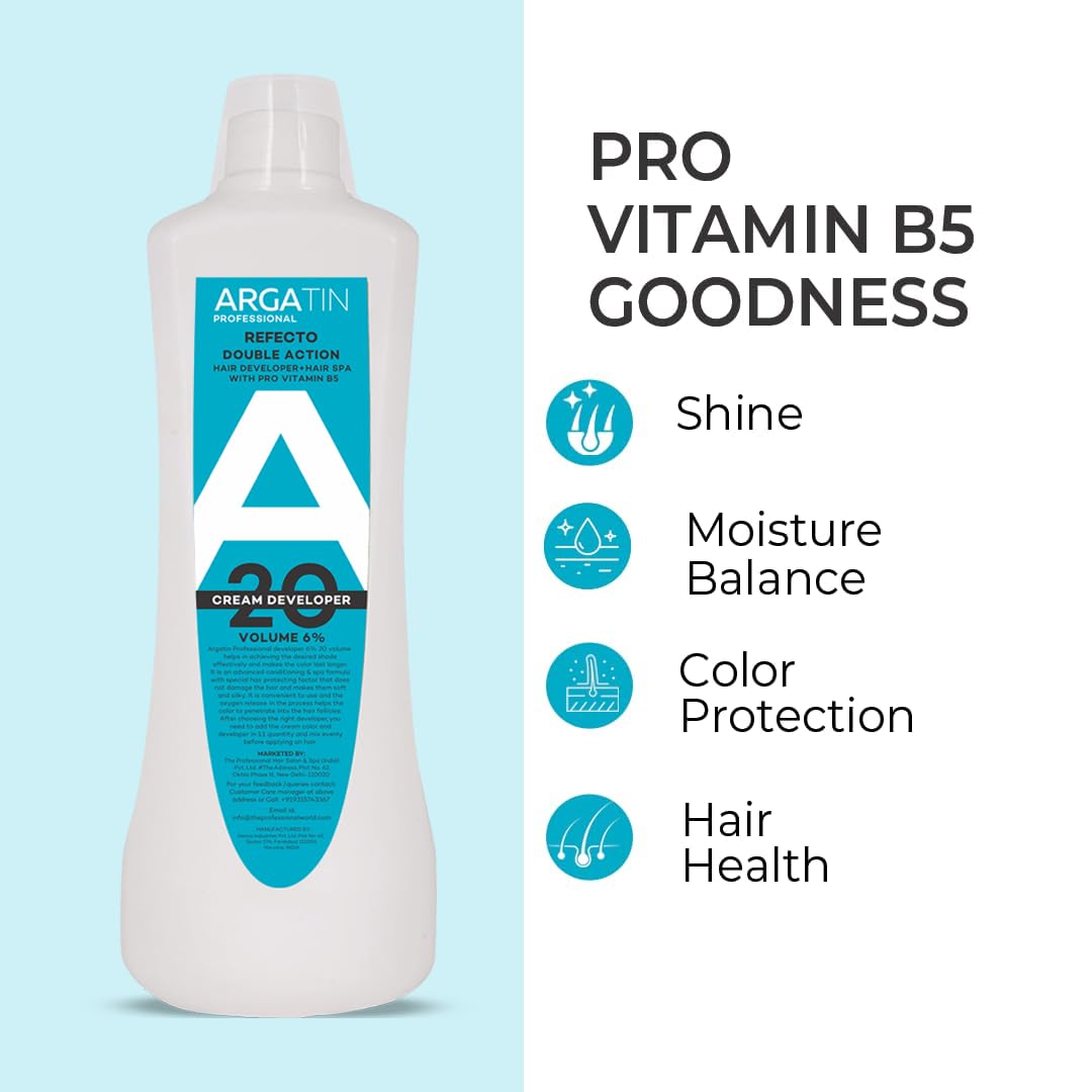 Argatin Professional Refecto Hair Color Developer 20 Volume (6%) – Cream Developer with Pro Vitamin B5 – Double Action Formula for Rich, Long-Lasting Hair Colour – 1000ml 2