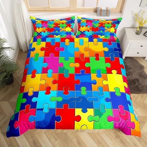 Erosebridal Jigsaw Puzzle Bedding Sets 3D Building Blocks Duvet Cover Queen,Colorful Comforter Cover Kids Boys Bricks Bed Set Rainbow Gradient Room Decor For Teen Girls,Red Blue Teal Yellow cover