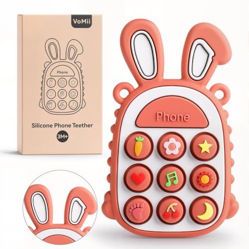 Image of Press Phone Teether for Baby Girls, Soft Silicone Teething Toy, Sensory Toy | Teething Relief, BPA-free, Freezer, for Baby 3 Months+, Cute Rabbit Design with Textures and 9 Patterns, Press & Pop for Fun!