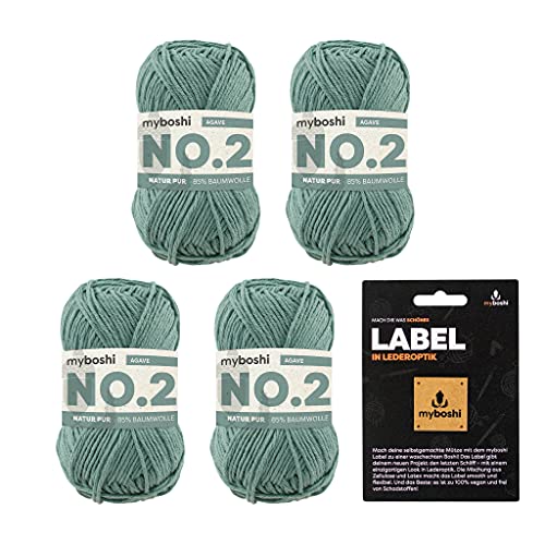 myboshi No.2 inkl. Label, Baumwolle zum Häkeln und Stricken, für Baby und Amigurumi, vegan, 60 Grad waschbar, 50g, Ll 100m Grün (Agave), 4 Knäuel