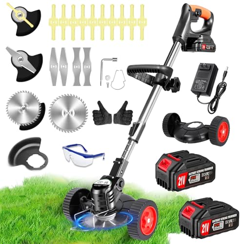 Electric Weed Wacker Eater Battery Powered Cordless Weed Trimmer, 21V/2.0Ah Battery Operated with 4 Types Blades & Charger, Stringless Grass Trimmer/Lawn Edger/Brush Cutter for Garden Yard