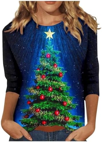 Christmas Shirts for Women 2024 Red Wine Glass Graphic Ugly 3/4 Sleeve Tops Cotton Crewneck Pullover Outfits