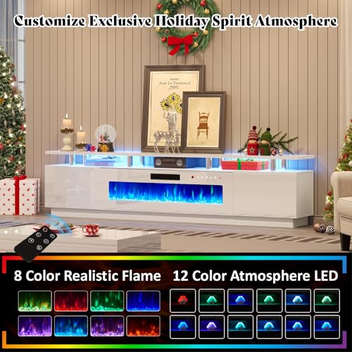 Image of AMERLIFE 90 inch High-Gloss Fireplace TV Stand with 50 inch Electric Fireplace | White LED TV Console, Modern Living Room Entertainment Center, Fits TVs up to 100 inch, 2 Cabinets, 2-Tier Storage Space