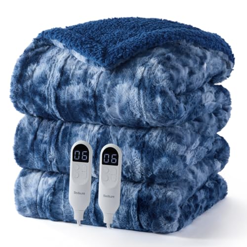 Image of Bedsure Faux Fur Tie-Dye Heated Blanket Queen Size with Dual Control, Blue