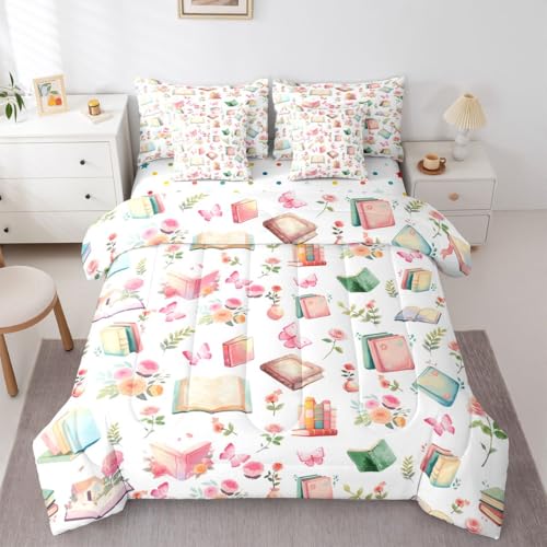Image of Cartoon Books King Bedding Sets with Comforter,Flat & Fitted Sheet,Pillowcases,Pillow Covers 7 Pcs Garden Floral Fairy Tale Dreamy Comforter Set Watercolor Rose Pink Butterfly Bedroom Dorm