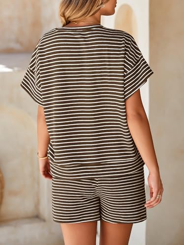 Tankaneo Womens Pajama Sets Striped 2 Piece Lounge Sets Short Sleeve Oversized T Shirts Drawstring Shorts Matching Set3