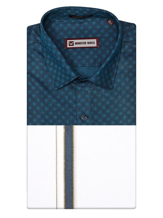minister white Men’s Cotton Printed Regular Fit Half Sleeve Shirt with Matching Border Dhoti Traditional Wedding & Pooja Wear Posh-picture-27