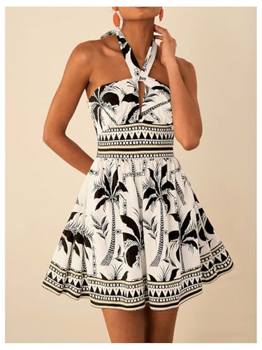 Image of Floerns Women's Floral Print Sleeveless Halter Neck Tie Back Summer A Line Dress
