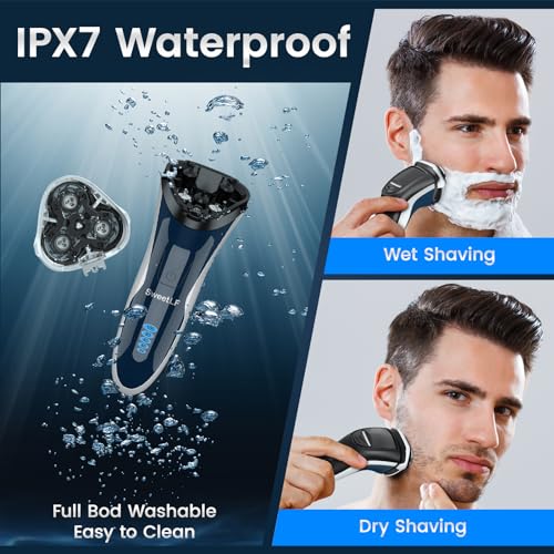 Image of SweetLF Electric Razor for Men, 100% Waterproof, Type C Rechargeable, Wet & Dry Rotary Shaver, Pop-up Trimmer, Corded & Cordless, Navy Blue
