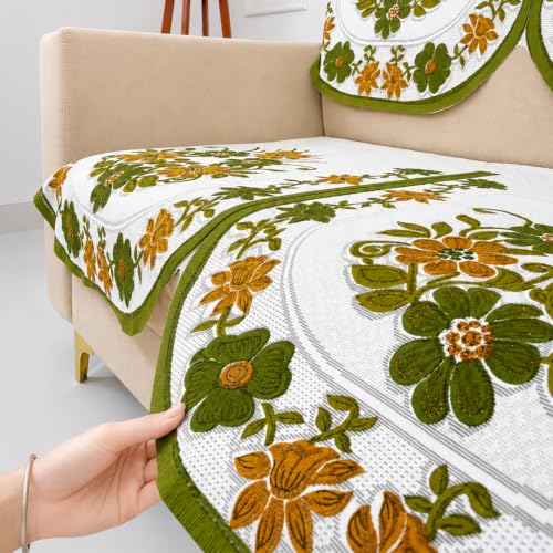 Image of Homerz Premium 'Surya Series' Sofa Cover | Stylish Sofa Protector | Net Fabric | Anti-Stain & Washable Slip Cover Exact Size Antislip (Daisy Green, 7 (3+2+2) Seater, Seat Cover with Backrest)