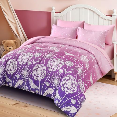 Image of Dinjoy Girls Comforter Set 7 Pieces, Queen Size Colorful Ombre Rainbow Bedding Set, Bed in A Bag for Kid Teen Girls (1 Comforter, 1 Flat Sheet, 1 Fitted Sheet, 2 Pillow Shams, 2 Pillowcases)