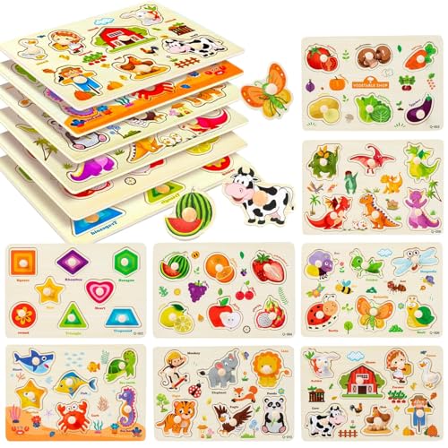 Wooden Peg Puzzle for 2+ year olds 8Pcs Baby Peg Puzzles 1+ Learning Puzzles Set- Dinosaur Farm Sea Animals Fruits Shape Vegetable Insect Great Preschool Gifts for Girls Boys