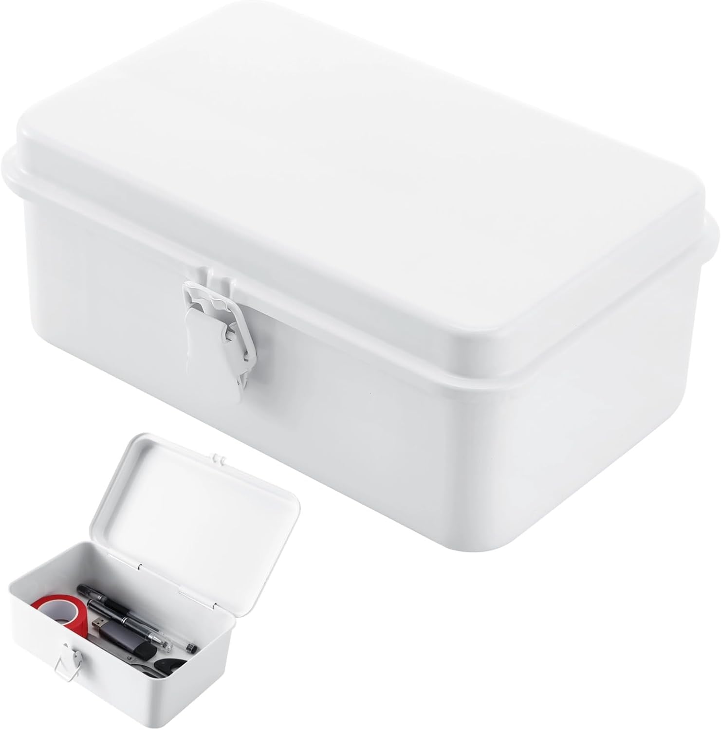 Metal Tool Box With Hinged Lid, Steel Storage Box For Pegs, Stationary, Pens, Office Supplies, Metal Container For Scrapbook Stamps, Rectangular Fittings