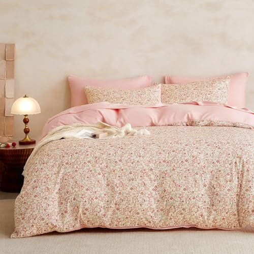 Image of Wake In Cloud - Floral Comforter Set, Cute Vintage Flower Cottagecore Aesthetic for Women Teen Girls, Soft Lightweight Dorm Bedding, 3 Pieces, Cream Pink, Full Size