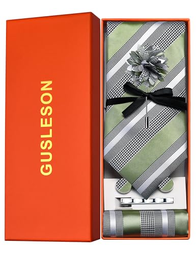 Image of GUSLESON Men's 5-pc Striped Tie Gift Set - Jacquard Necktie, Pocket Square, Cufflinks, Lapel Pin, Tie Clip - Wedding Formal Gifts