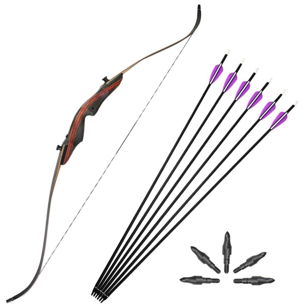 ZSHJG 62" Archery Takedown Recurve Bow Hunting Traditional Recurve Bow Wooden Riser 20lbs-60lbs Longbow for Right Hand Adult and Beginner Hunting Shooting Target Games (Black/Bow+arrows, 40lbs)
