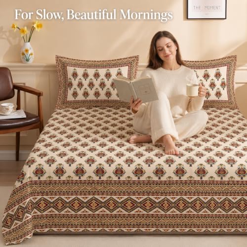 Image of BSB HOME 240 TC Cotton King Size Bedsheet, Premium Soft Breathable Floral Printed Double Bed Sheet, Bed Cover for Bedroom, Durable Bedding, 90 x 100 Inches (229 x 254 cm) - Rust Red