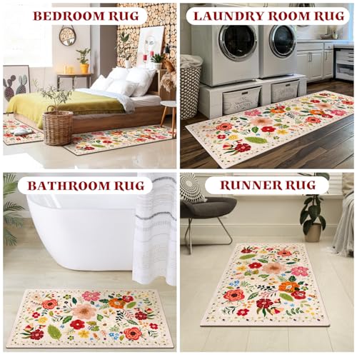 Non-Skid Washable Kitchen Rugs Set of 2 - Boho Floral Runner Mats (Beige 17x47 + 17x30)