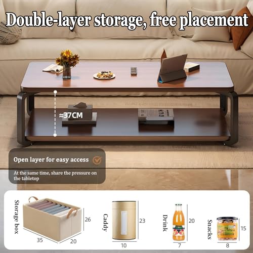 Table basse bois massif avec pieds réglables et grand rangement pour salon