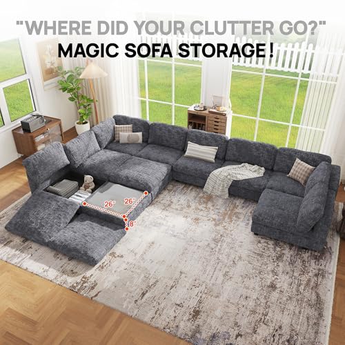 Image of 157 inch Modular Sectional Chenille Sofa bed with Hidden Storage, Comfy Modern 10 Seater Oversized Deep Seat Couch, Modular Sectional with Ottoman and Removable Cover for Living Room, Apartment, Gray