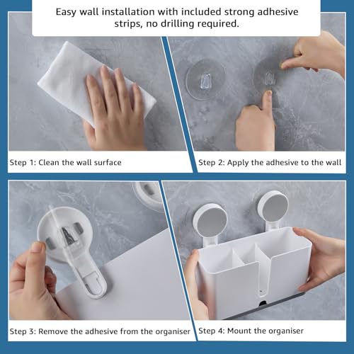 Image of Amazon Basics Toothbrush and Bathroom Organiser | Wall-Mounted | Self-Adhesive with Drain Tray | White | Plastic | 21L x 8W x 19H cm