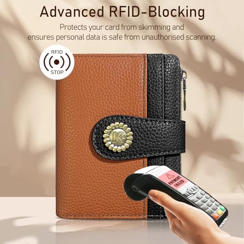 Image of Kelvoris Small Rfid Women Wallet Bifold Zipper Coin Pocket Brown and Black | PU Leather Compact Cash Credit Card Holder Travel Purse for Female Ladies Teen Girls 1 ID Window 10 Card Slots