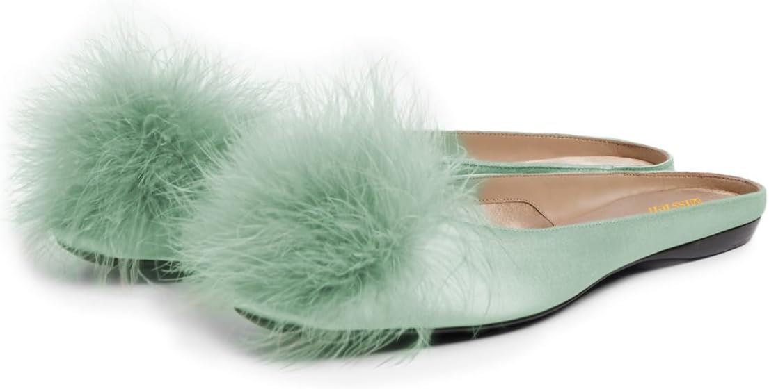 miss left Women Closed Toe Furry Flat Slippers Slip on Cozy Anti-slip Sole Satin Bedroom Flats Lightweight Indoor Outdoor Shoes Size 4-16 US
