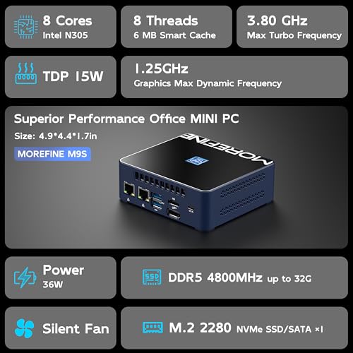 Image of MOREFINE M9S Mini PC, 12th Gen Alder Lake N305 (Up to 3.8GHz) 16GB DDR5 RAM 512GB M.2 NVMe SSD, Dual LAN Mini Computer Supports WiFi6 BT5.2, Mini PC Support 4K@60Hz Triple Display for Home-Server