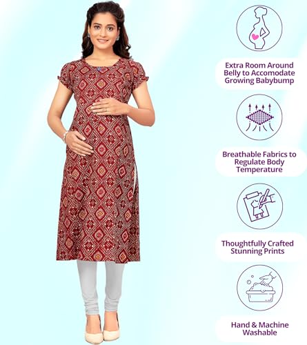 Image of RITIJYA Maternitywear Poly Viscose Straight Feeding Kurtis for Women with Zip | Maternity Dress for Nursing & Pregnancy (9091 38,Jazzy Maroon)