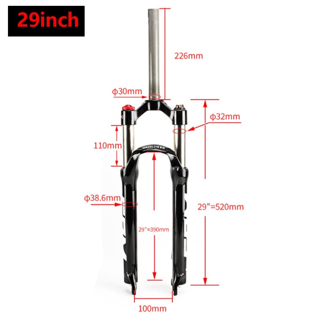 Fourche Suspendue VTT 29 Pouces, Blocage Manuel/à Distance, Ressort hydraulique, Compatible VTT XC, Freins à Disque, Tube Droit 1 1/8", axe QR, débattement 9 mm, 100 mm