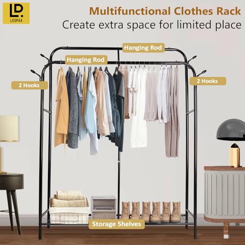 Image of LEOPAX Premium Metal Garment Rack, Coat Rack, Clothes Stand, Closet Organizers and Storage with Single Layer Shelf for Storing Clothes, Shoes, Bags - Black - 135 x 28 x 154cm