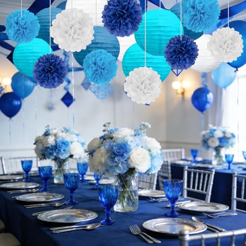 Image of 18 PCS Blue White Paper Lanterns & Tissue Paper Pom Poms for Boyss Birthday, Baby Shower, Wedding, Bridal Shower, Hanging Paper Decor for Indoor Outdoor Events Party Supplies