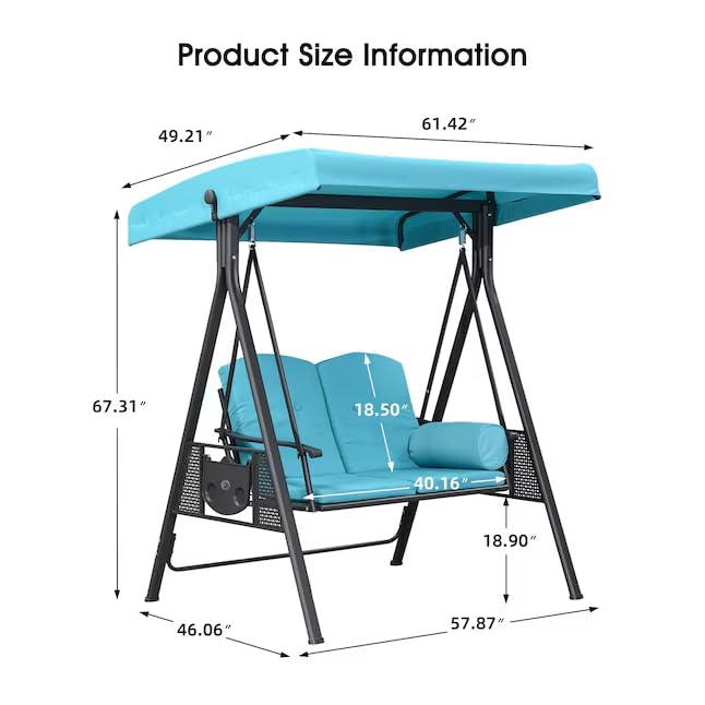 Image of PURPLE LEAF Outdoor Patio Porch Swing with Stand, 2-seat Swing Chair with Adjustable Tilt Canopy All-Weather Steel Frame for Backyard Front Porch Lawn, Cushions and Pillow Included, Turquoise Blue