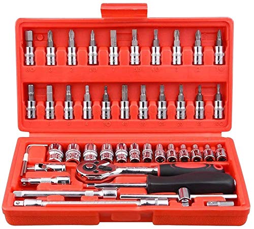 46pcs Car Repair Tool 1/4 Inch Socket Ratchet Wrench Spanner Combination Screwdriver Set Hand Tools with Storage Case