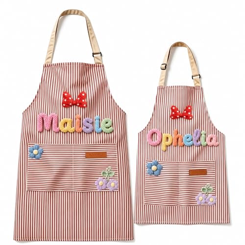 Customizable personalized aprons in adult and child sizes with printed names; th...