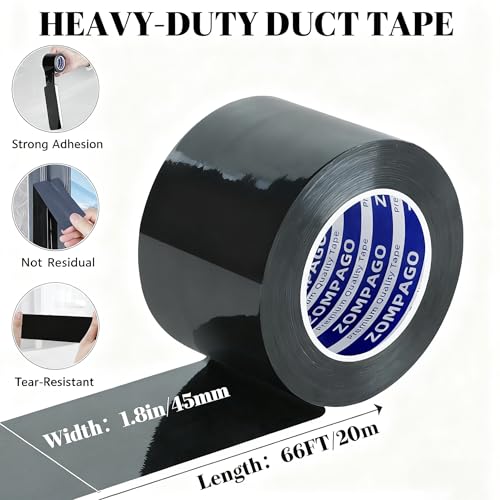 Image of ZOMPAGO Duct Tape Heavy Duty Waterproof,Black 1.8 inch x 66FT, Tear by Hand, No Residue, Strong Adhesive, All-Weather for Indoor Outdoor Repair, Pipe Leak, RV, Roof, Camping