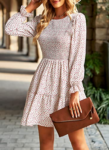 KIRUNDO Long Sleeve Dress for Women 2025 Summer Fall Wedding Guest Smocked Floral Crewneck Ruffle A Line Flowy Mini Dress3