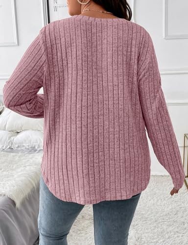 Koscacy Women Plus Size Casual Knit Sweater V Neck Solid Color Tops Lightweight Long Sleeve Blouses2
