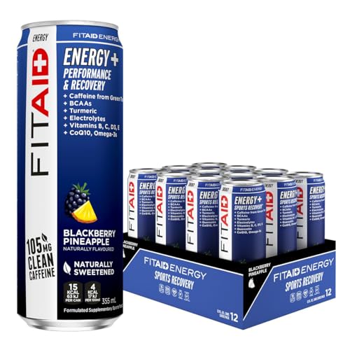 FITAID ENERGY, 105mg Natural Caffeine, Keto, Blackberry Pineapple, Omega-3s, 15 calories, Paleo, Vegan & Gluten-Free, No Artificial Sweeteners, 355ml cans (Pack of 12)