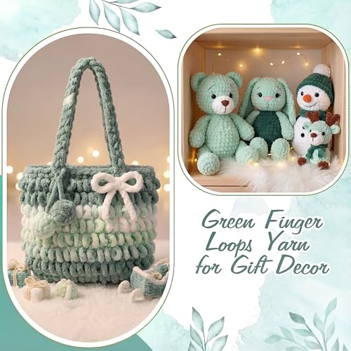 Image of Threlaco 6 Pack Finger Loops Yarn Bulk Soft Chunky Yarn 600 G / 6 Skeins for Mothers Day Beginners Knitting No Needles or Hooks(White, Light Green, Dark Green)