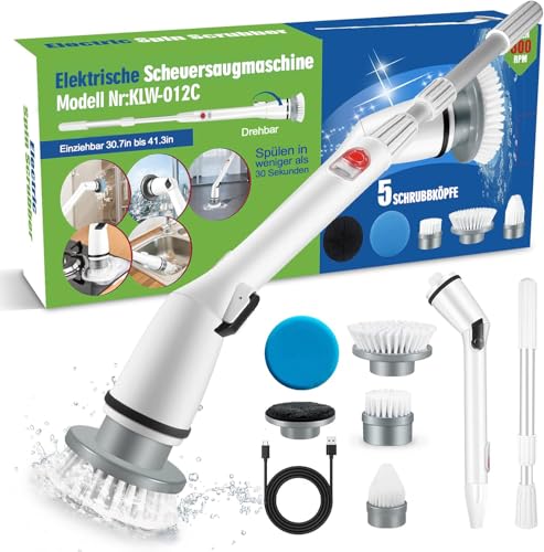 Cepillo de limpieza eléctrico, cepillo de limpieza de 360° con 5 cabezales de cepillo, 1 brazo de extensión y 1 adaptador, cepillo de limpieza eléctrico para el hogar para baño y cocina