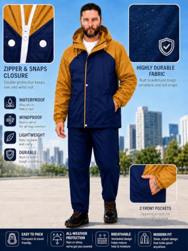 Image of Mens Raincoat Suit with Pant Set Eluxia Series | Waterproof Lightweight Breathable Rain Wear | Elastic Cuff & Waterproof Zipper Raincoat for men waterproof