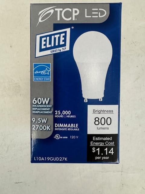 TCP 12 Pieces Elite L10A19GUD27K 9.5W A19 LED Lamp Dimmable 2700K GU24 800 Lumens 120V