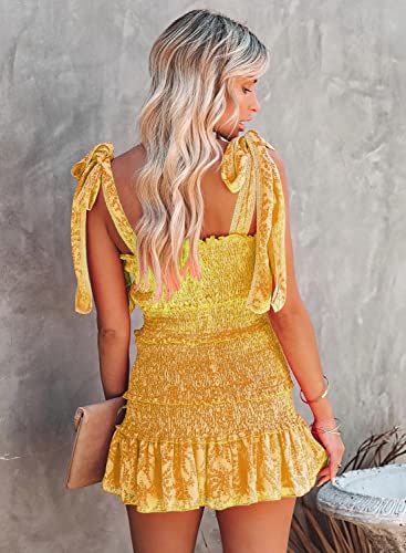 Image of yoeasy Women Spaghetti Floral Print Tiered Tie Slim Fit Short Dresses Summer Sleeveless Ruffle Smocked Mini Dress