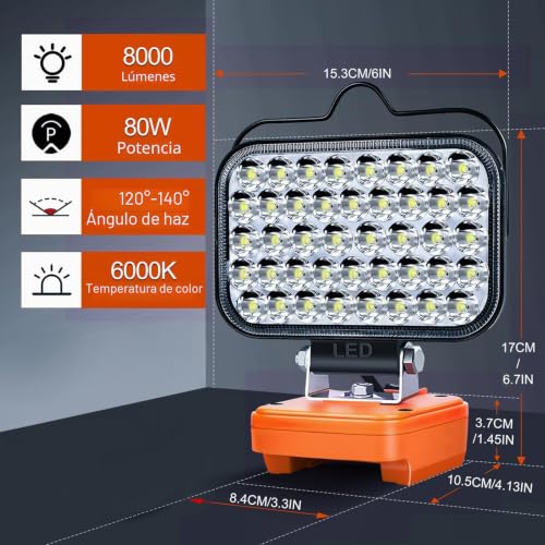 Foco LED de 80W para Einhell 18V con luz potente de 8000 lm y carga USB 4