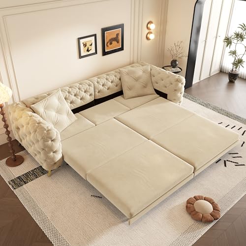 Image of KEIKI 97.7 inch Convertible Sleeper Sofa Bed, 3 in 1 Pull Out Sofa Bed, Button Tufted Modern Sofa, 4-Seater Couch with Movable Ottoman for Living Room, Bedroom, Apartment, Apricot
