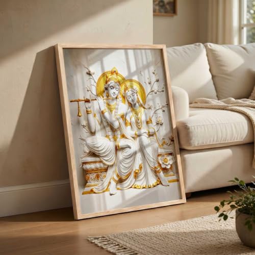 Image of CRAFTLYN Hindu God Wall Art WALL ART Prints Framed Spiritual Religious Paintings for Living Room, Pooja Room, Bedroom, Office, Meditation Room, Home Decor (Radha krishna 1, 19 X25, Brown)